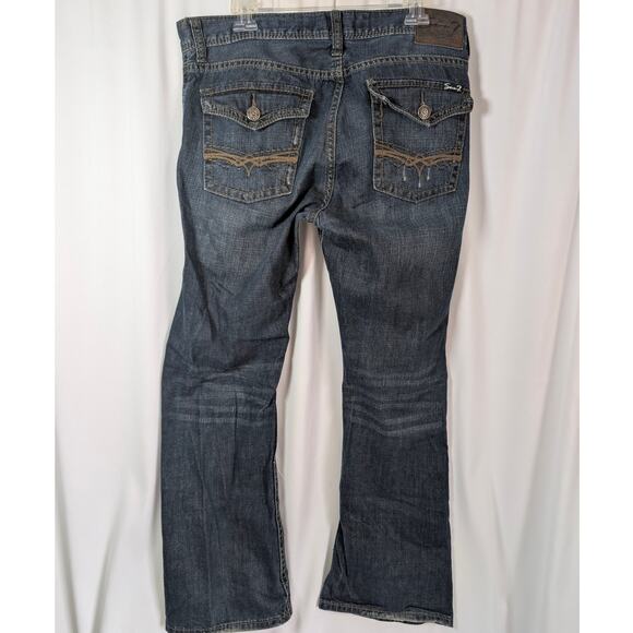 Seven 7 Boot Jeans Mens 34x32 Blue Dark Wash Distressed Flap Pocket - Picture 2 of 11